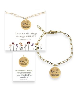 I Can Do All Things Through Christ Paper Clip Bracelet With Mountain Charm - Gold