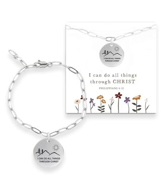 I Can Do All Things Through Christ Paper Clip Bracelet With Mountain Charm - Silver