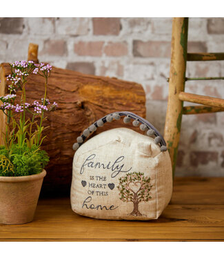 FAMILY TREE DOORSTOP LINEN WITH GREY POM POMS