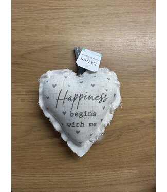 HAPPY HANGING HEART GREY LINEN WITH HEARTS HAPPINESS BEGINS WITH ME