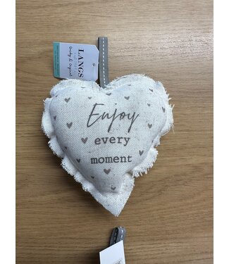 HAPPY HANGING HEART GREY LINEN WITH HEARTS ENJOY EVERY MOMENT