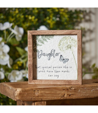 DAUGHTER FRAMED PLAQUE TEXTURED WOOD WITH GREEN DANDELIONS