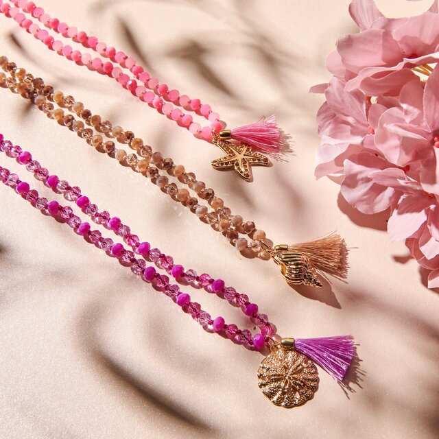 Lange crystal ketting schelp goud beige 61578Mix04