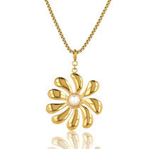 Gouden Ketting met Bloem Hanger en Witte Parel 47cm