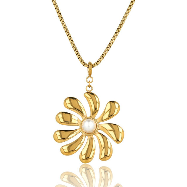 Gouden Ketting met Bloem Hanger en Witte Parel 47cm