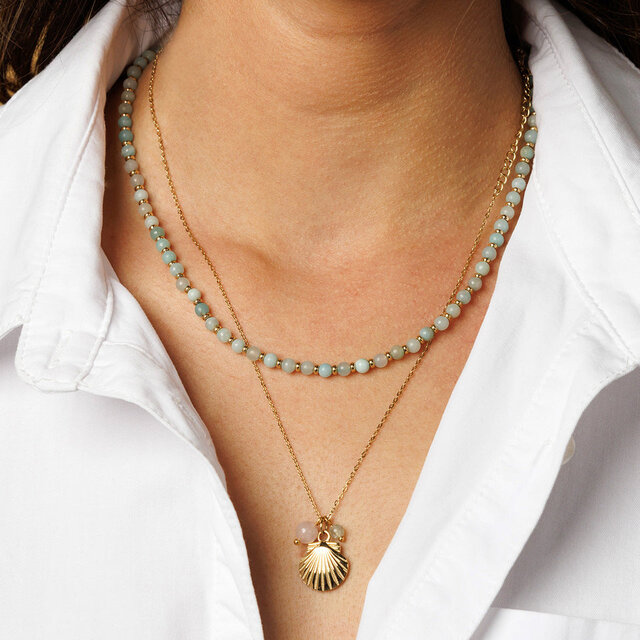 Gouden Ketting met Schelp, Rose Quartz & Fluorite Edelstenen