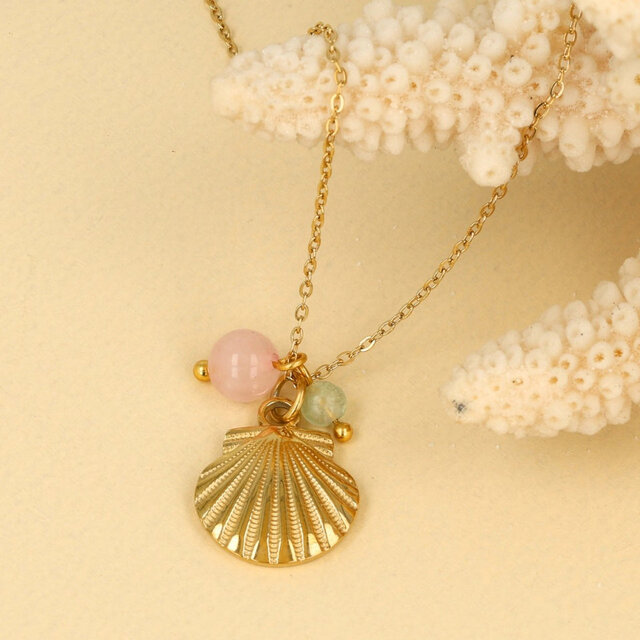 Gouden Ketting met Schelp, Rose Quartz & Fluorite Edelstenen