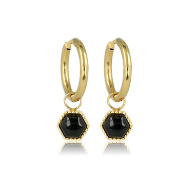 Zeshoekige Onyx Oorbellen in Goud