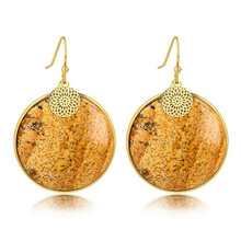 Elegante Gouden Oorbel met Picture Jasper en Bloemenbedel