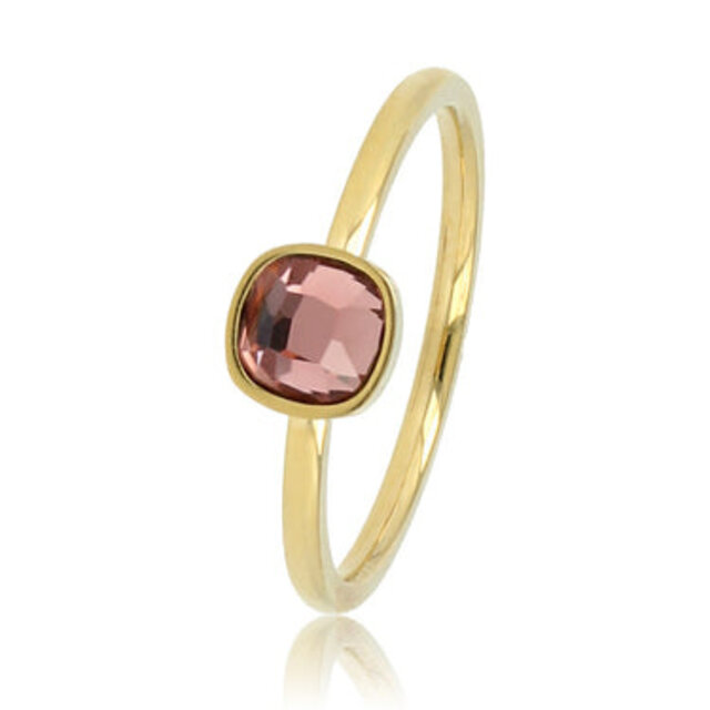 Gouden ring - vierkante donkerroze glassteen - aanschuifbaar