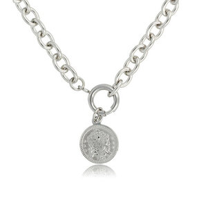 Zilveren ketting met grote schakels en munt hanger