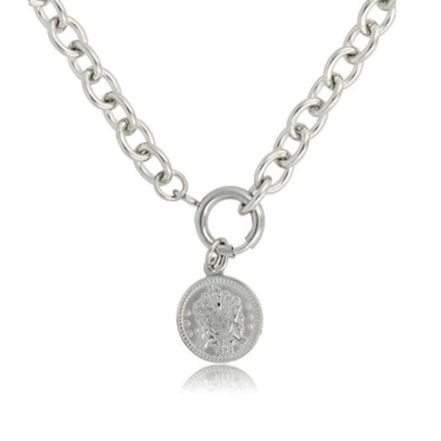 Zilveren ketting met grote schakels en munt hanger