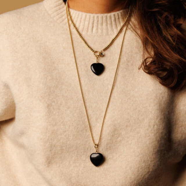 Gouden Schakelketting Dames met Onyx Hart - 47 cm