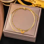 Stainless Steel Enkelbandje Love Goud met Hartje – Dubbele Ketting Waterproof