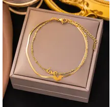 Stainless Steel Enkelbandje Love Goud met Hartje – Dubbele Ketting Waterproof