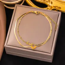 Stainless Steel Enkelbandje Love Goud met Hartje – Dubbele Ketting Waterproof