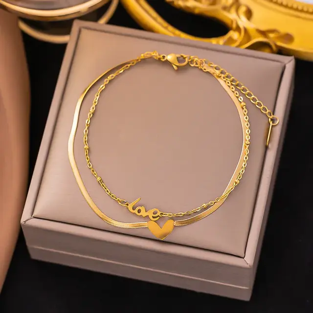 Stainless Steel Enkelbandje Love Goud met Hartje – Dubbele Ketting Waterproof