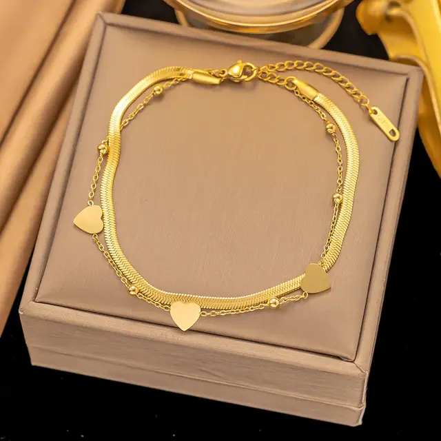 Stainless Steel Enkelbandje Platte Chain met Hartjes Goud – Waterproof