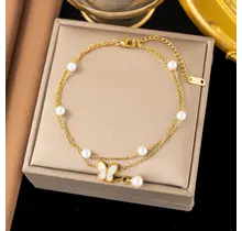 Stainless Steel Enkelbandje Vlinder met Parels – Goud Enkelbandje Waterproof