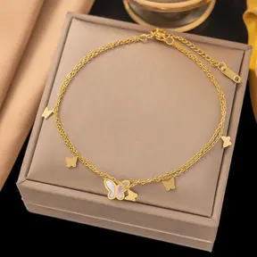 Stainless Steel Enkelbandje Vlinder Dubbele Ketting – Goud Enkelbandje Waterproof
