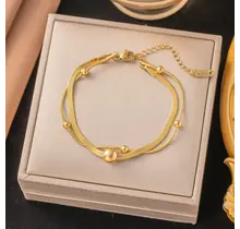 Stainless Steel Enkelbandje Dubbele Ketting Goud met Bolletje – Waterproof
