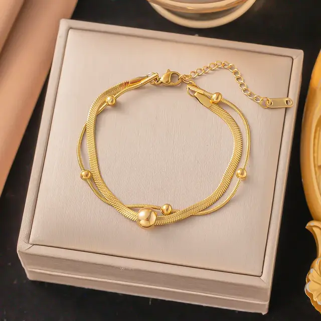Stainless Steel Enkelbandje Dubbele Ketting Goud met Bolletje – Waterproof