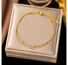 Stainless Steel Enkelbandje Dubbele Ketting met Steentje Goud – Waterproof