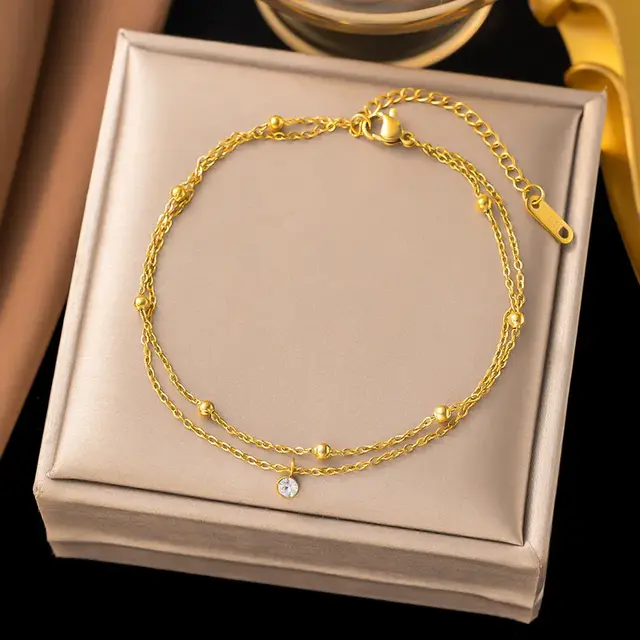 Stainless Steel Enkelbandje Dubbele Ketting met Steentje Goud – Waterproof