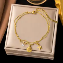 Stainless Steel Enkelbandje Schelp & Zeester Goud – Dubbele Ketting Waterproof