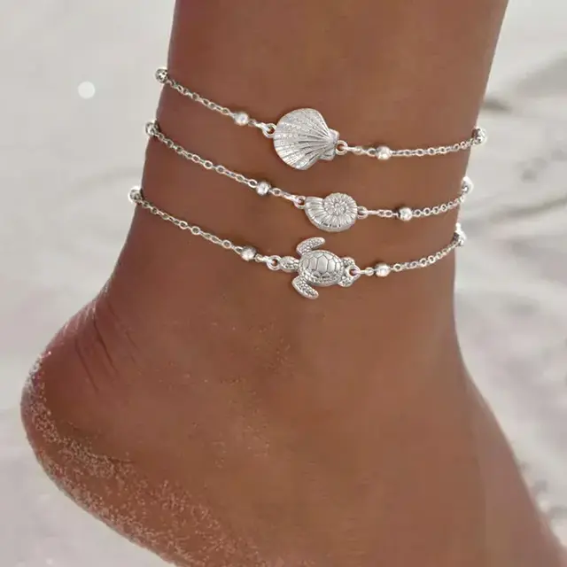 Stainless Steel Enkelbandje Schelp & Schildpad Zilver – Bolletjes Ketting Waterproof