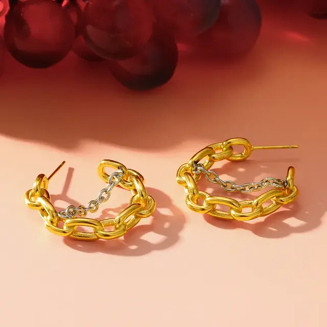 Stainless steel schakel oorbellen goud – chunky chain hoops