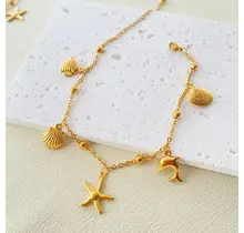 Stainless Steel Enkelbandje Schelp Zeester Dolfijn – Beach Charms Goud