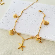 Stainless Steel Enkelbandje Schelp Zeester Dolfijn – Beach Charms Goud