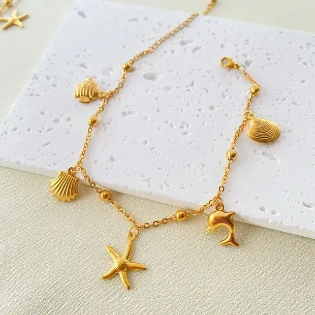 Stainless Steel Enkelbandje Schelp Zeester Dolfijn – Beach Charms Goud
