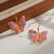 Stainless Steel Vlinder Oorbellen – Kleurrijke Butterfly Hangers Goud