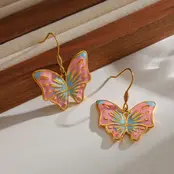 Stainless Steel Vlinder Oorbellen – Kleurrijke Butterfly Hangers Goud
