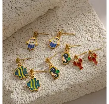 Stainless Steel Oorstekers Zee Bedels – Dancing Studs Vis Zeepaardje Kreeft Hamsa