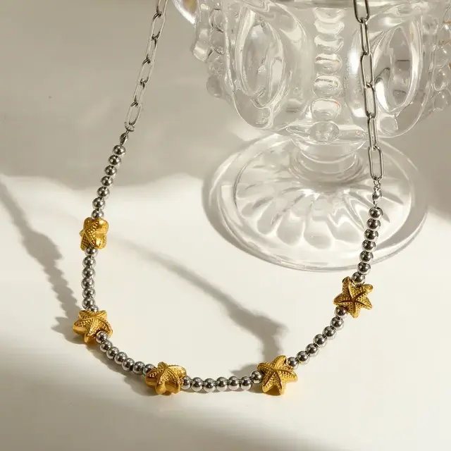 Stainless Steel Ketting Zeester met Kralen – Two Tone Beach Ketting Waterproof