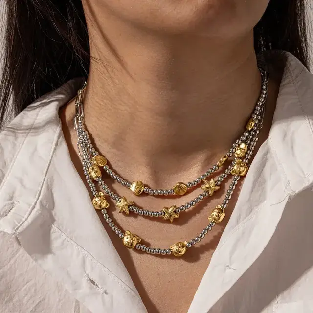 Stainless Steel Ketting Zeester met Kralen – Two Tone Beach Ketting Waterproof