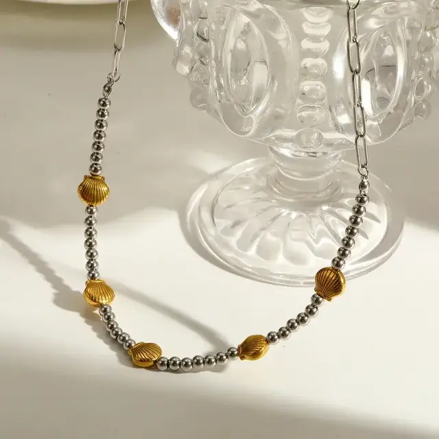 Stainless Steel Ketting Schelp met Kralen – Two Tone Beach Ketting Waterproof