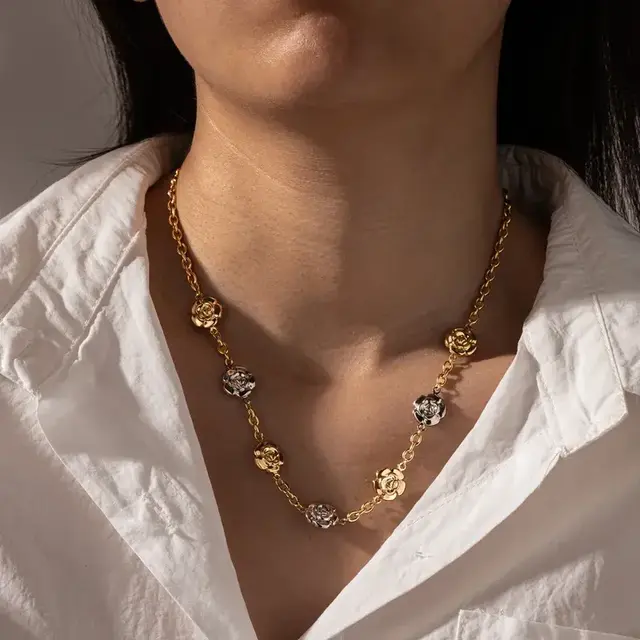 Stainless Steel Ketting Bloemetjes Two Tone – Goud & Zilver Schakelketting