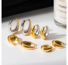 Stainless Steel Two Tone Oorringen Medium – Oval Hoops Goud/Zilver
