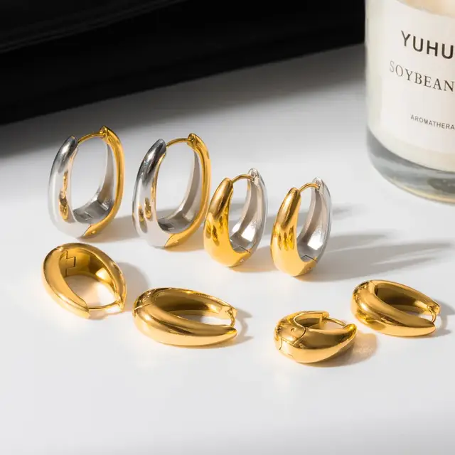 Stainless Steel Two Tone Oorringen Medium – Oval Hoops Goud/Zilver