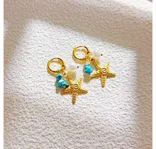 Stainless Steel Oorbellen Zeester met Turquoise – Goud Beach Hoops