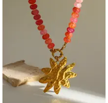 Stainless Steel Ketting Bloem Hanger met Kralen – Rood/Oranje Statement Ketting