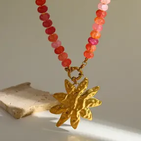 Stainless Steel Ketting Bloem Hanger met Kralen – Rood/Oranje Statement Ketting