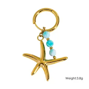 Stainless Steel Oorbellen met Gekleurde Zeester en Kralen – Goud (Per Paar)