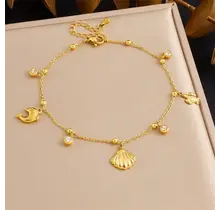 Stainless Steel Enkelbandje Schelp & Zeedieren – Goudkleurig met Bedels