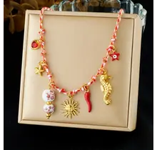 Stainless Steel Bedelketting Rood – Zon, Zeepaardje & Lucky Bedels – 40 cm + 5 cm Verlenging