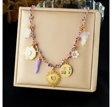 Stainless Steel Bedelketting Multicolor – Good Luck & Zon Bedels – 40 cm + 5 cm Verlenging